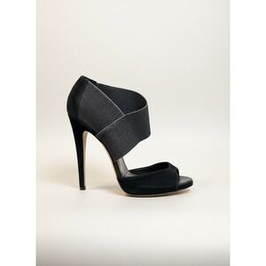 DVF Diane von Furstenberg Black Suede Glitz Ankle Strap Stiletto Heels 7 B Italy